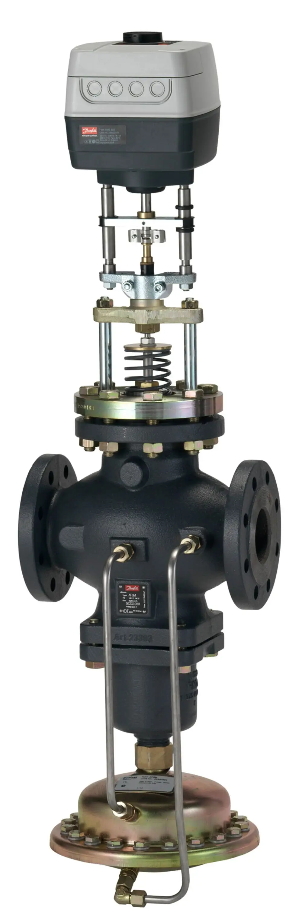 Danfoss elektrischer Stellantrieb mit einem schwarzen Gehäuse, Montagesystem und Anschlussmöglichkeiten, für die Steuerung von Ventilen oder Regelventilen in Heizungsanlagen.